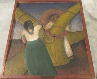 VINTAGE Mexican Carved Wood Relief Wall ART by Roberto De La Selva Signed 1936 5