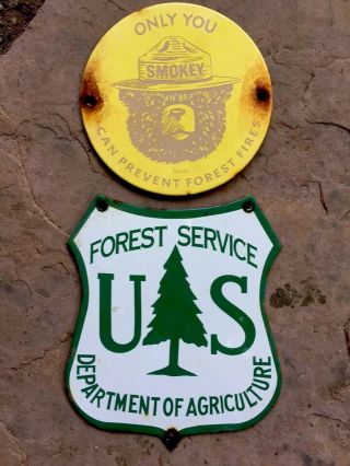 2 Porcelain Forest Service Signs Smokey The Bear Vintage Heavy Steel