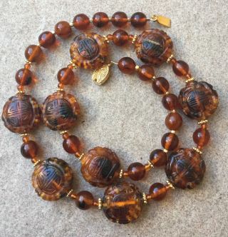 Vintage Antique Chinese Carved Amber Shou Bead Necklace