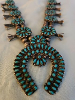 Vintage Zuni Sterling Silver Turquoise Squash Blossom Necklace.  925 Patina