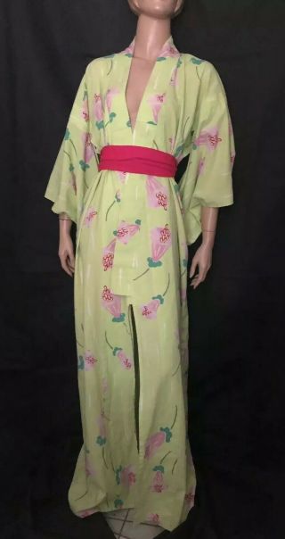 Courreges Japanese Kimono / Vintage Furisode Cotton Green Pink French Designer