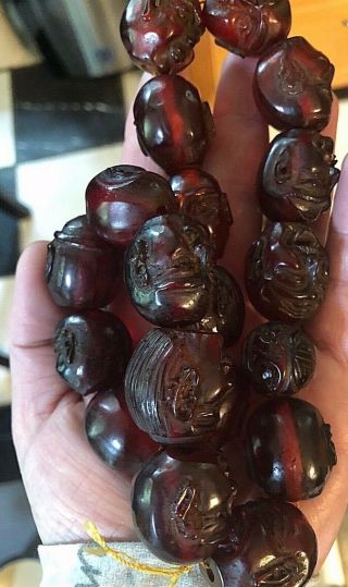 Rare Chinese Carved Cherry Amber Bakelite Faturan Prayer Beads Buddha Heads 148g