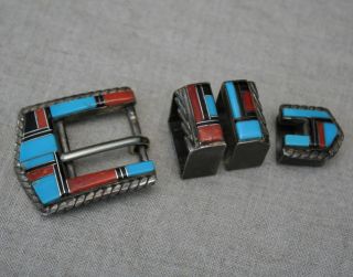Vintage Native American Zuni Turquoise Coral Sterling Silver Ranger Belt Buckle