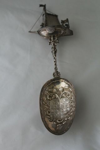 Large Antique Dutch Silver Decorative Spoon With Ship Finial Amsterdam 1901