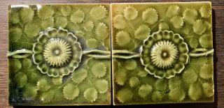 2 J,  Jg Low Art Tiles Ceramic Victorian 1881 Chelsea Ma.  Flower Green Pottery