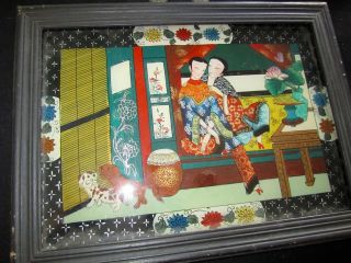 Vtg Asian Reverse Painting On Glass Detailed,  Colors Orig.  Wood Frame