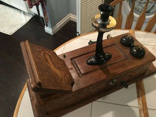 Antique Leigh Oak Wood Crank Wall Telephone,  Cathedral Style.  Metal Recvr,  Xmtr