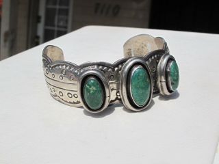 Vintage Lg Navajo Sterling Cuff Bracelet W/green Turquoise,  Frank Ward Knife Hawk