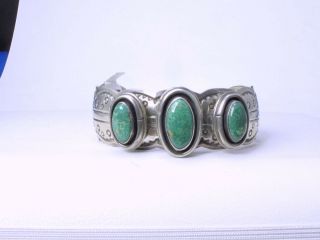 Vintage LG Navajo Sterling Cuff Bracelet w/Green Turquoise,  Frank Ward Knife Hawk 5