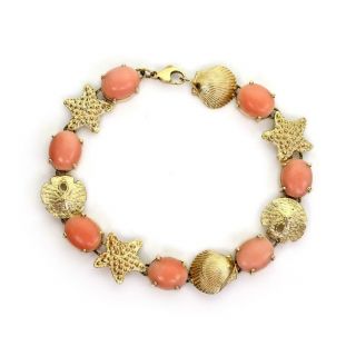 Vintage Coral 14k Yellow Gold Sea Creature Charms Link Bracelet