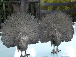 Antique Pair Solid Silver Model Of Peacocks - Peppers ? Shakers - 12.  30 Oz