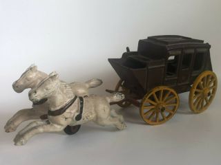 Antique Toy Cast Iron Horse Brown Carriage Wagon Two White Horses