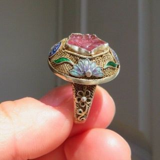 Vintage Chinese Sterling Silver Gilt Enamel & Carved Rose Quarz Flower Ring