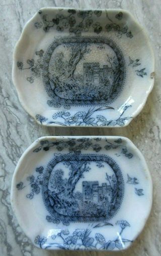 Antique Blue Transferware Castle Scene Butter Pats Brownfield