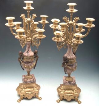 Italian Vintage Brevettato Brass/bronze Marble Cherub Candelabra/candlesticks