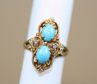 Vintage 14k Yellow Gold Diamond Turquoise Blue Cabochon Ring Size 9