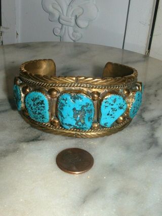 Vintage Brass Or Bronze Cuff Bracelet Morenci Turquoise Wide & Chunky