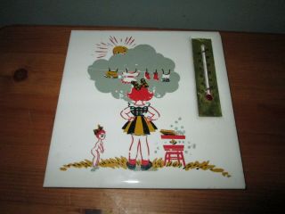 Vtg Painted Cartoon Ceramic 6 " X6 " Wall Tile/plaque Kemper - Thomas W Thermometer