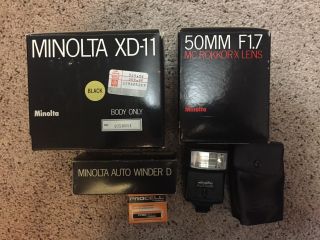Vintage Rare Black Minolta Xd11,  50mm F1.  7 Rokkor - X Md Lens,  Film Winder,  Flash
