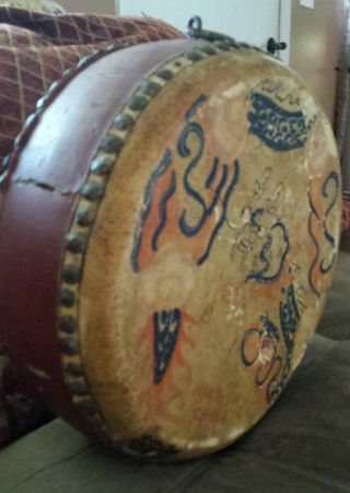 Rare Antique Leather Rooster Hand Painted Drum W/ Marks Chinese