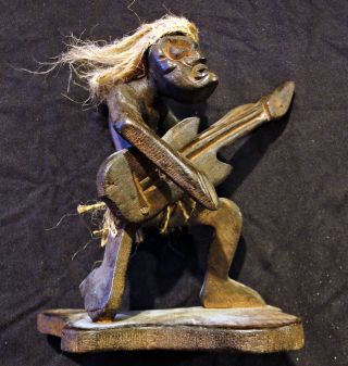 Guitar Playing Wild Man Wood Carving Idol Statue Folk Art