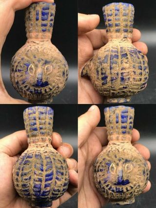 Rare Ancient Blue Roman Glass Bottle With Bird Face Sa101