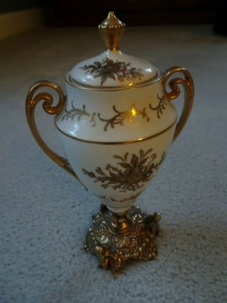 Vintage Urn White Porcelain With Gold Base With Cherubs By Taj Of San Francisco