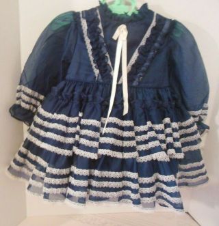 Vintage Sheer Navy Blue Organdy Ruffles & Lace Girls Party Dress