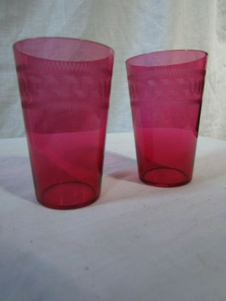 2 Antique Cranberry Juice Glasses W/etched Design 3 3/4 "