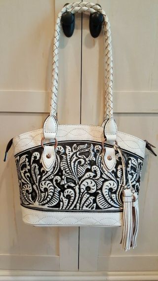 Patricia Nash Vintage Washed Tooled Leather Z Sorita Handbag White/black $249nwt