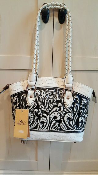 PATRICIA NASH VINTAGE WASHED TOOLED LEATHER Z SORITA HANDBAG White/Black $249NWT 3