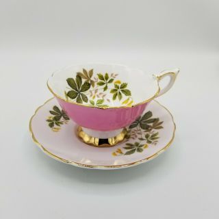 Royal Stafford English Bone China Bright Pink And Leaves Teacup And Saucer 2231