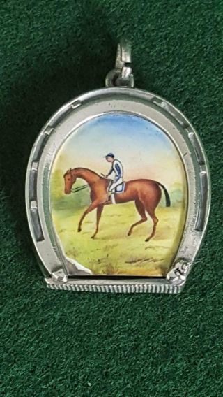 Rare Antique 1881 H/m Sterling Silver Enamel Racing Theme Watch Chain Vesta