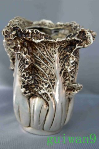 Ancient Old Collectable Chinese Art Miao Silver Carve Cabbage Wealthy Brush Pot