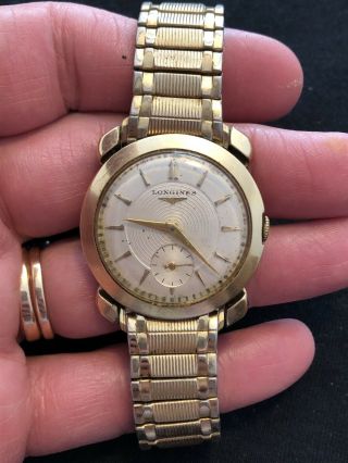 Vintage Longines Classic Mens Watch 14k Yellow Gold Case Stretch Band Runs