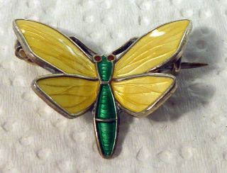 Vintage Signed Einar Modahl Yellow Moth Pin Norway Sterling Silver & Enamel