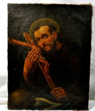 Antique 18 Century Italian Monk W/ Cross & Scull Oil Painting Old Master
