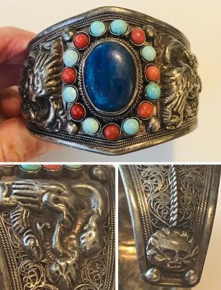 Vintage Sterling W/repoussé Dragon With Serpent Lapis Turquoise Coral Bracelet