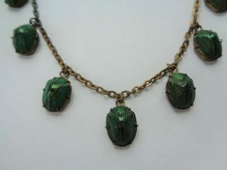 Antique Victorian 7 Green Scarab Beetles Dangle Necklace