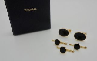 Authentic Vintage Tiffany & Co.  Onyx 14k Yellow Gold Cufflinks Studs Set - Rare