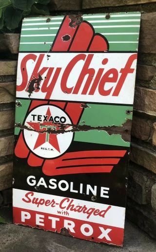 Vtg 1950s Texaco Sky Chief Pump Plate Porcelain Gas Sign 22” X 12” Nightcrawler