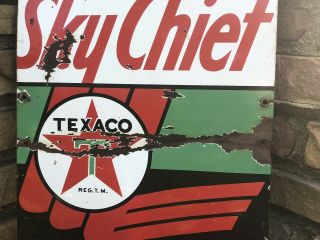 Vtg 1950s TEXACO SKY CHIEF PUMP PLATE PORCELAIN GAS SIGN 22” x 12” Nightcrawler 3