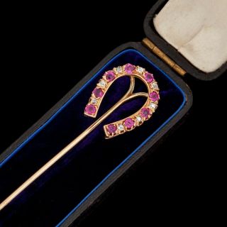 Antique Vintage Deco 14k Gold Horseshoe Diamond Pink Sapphire Stick Pin Brooch