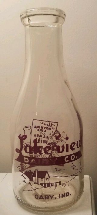 Vintage 1948 Round One Quart Lake View Dairy Burgundy Acl Milk Bottle Gary,  Ind.
