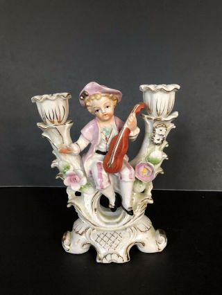 Dresden Porcelain Style Figurine Vintage Boy With Guitar Between Candle Holders
