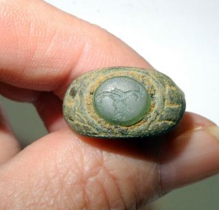Roman Era Bronze Ring W/ Rooster - Found In Great Britain - Ca 200 To 400 Ad