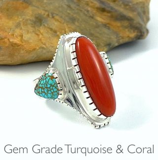 Best Vintage Ute Sterling Silver 8 Spiderweb Turquoise Oxblood Coral Ring Sz 7