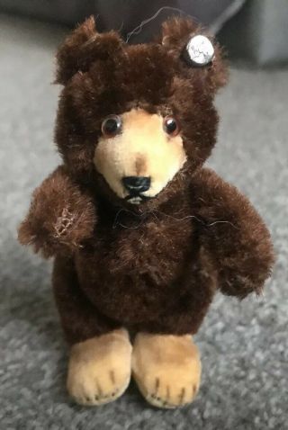 Vintage Miniature Steiff Teddy Baby Bear W/ Id Dk Brown Mohair 3.  5” Stands Too