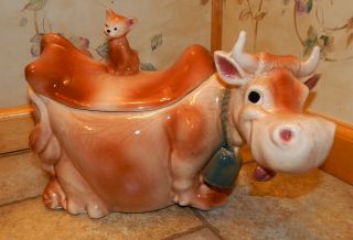 Authentic Vintage Brush Mccoy Cow With Cat Cookie Jar 1950 