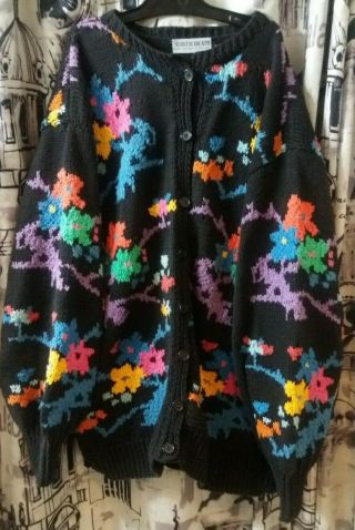 Susan Duckworth Vintage Cott Handknit Cardigan Sweater Made In England Floral Lg